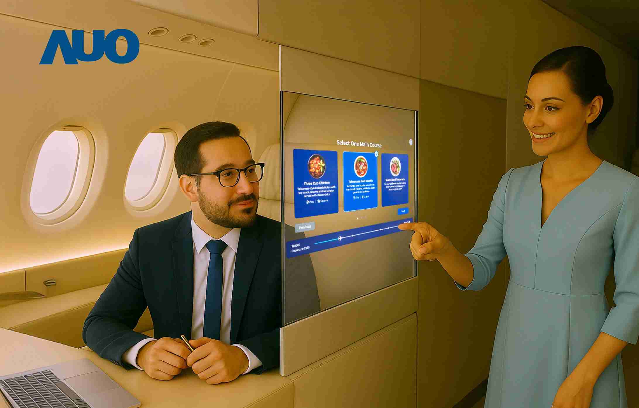 巨星国际研发全球最薄17.3 吋双面透明 Micro LED 显示器，，，可在同一屏幕之双边投射不同信息，，，创造独特的”透明化”互动；图为实时翻译交流应用情境